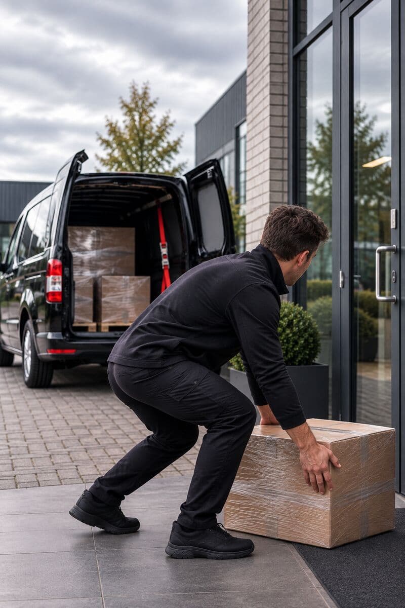 Chauffeur zet een zending neer bij de ingang van een bedrijf